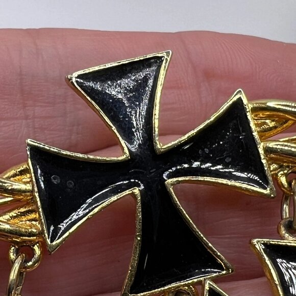 Vintage Black Enamel Cross Imitation Dangling Pearls Bar Brooch Costume Jewelry - Picture 4 of 9